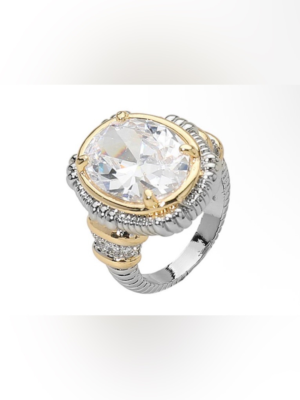 Two-Tone Gold & Silver Oval Crystal Statement Ring